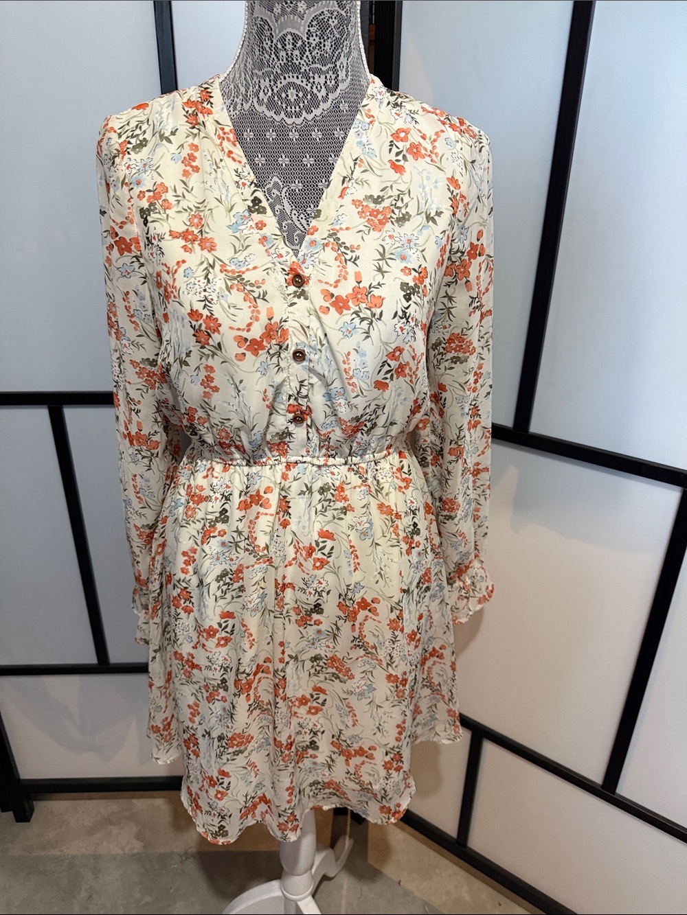 Paper Crane Cream Floral Long-Sleeve Button-Front Dress with Coral Accents
